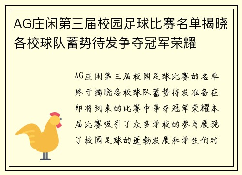 AG庄闲第三届校园足球比赛名单揭晓各校球队蓄势待发争夺冠军荣耀